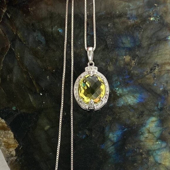 Sterling Silver 925 Oval Domed Faceted Yellow Citrine & Diamond Pendant Necklace - Picture 4 of 16